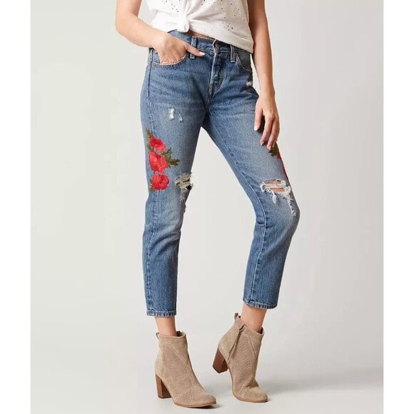 NWT Levi's 501 Taper Custom Blues Rose Embroidered Destroyed Boyfriend Jeans 24 - Picture 9 of 11